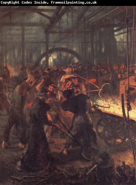 Adolph von Menzel Das Eisenwalzwerk,Ausschnitt:Einschieben des Blockes in das Walzwerk