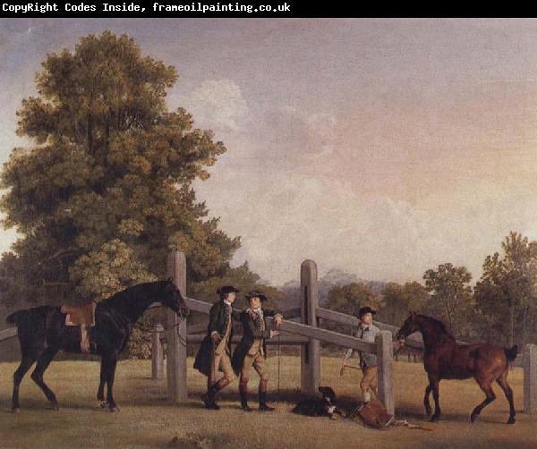 George Stubbs The Third Duke of Portand and his Brother,Lord Edward Bentinck,with Two Horses at a Leaping Bar