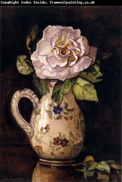 Hirst, Claude Raguet White Rose in a Glazed Ceramic Pitcher with Floral Design