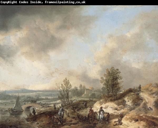 Philips Wouwerman A Dune Landscape with a River and Many Figures