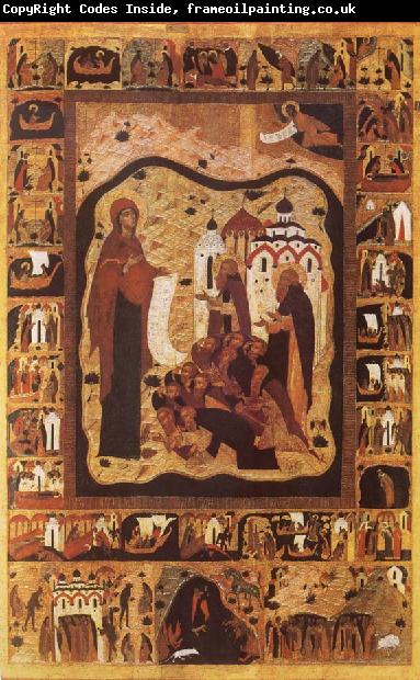 unknow artist Our Lady of Bogolijubovo with Saint Zocime and Saint Savvatii and Scenes from their Lives