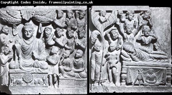 unknow artist Relief from Gandhara with the-first preaching in first preaching in the deer camp-and the death of Buddha, Kushana.