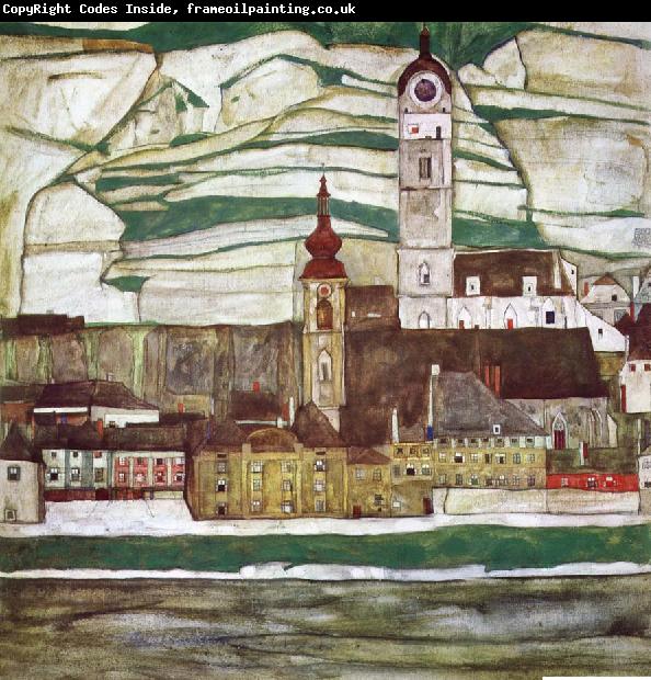 Egon Schiele Stein on the Danube with Terraced Vineyards