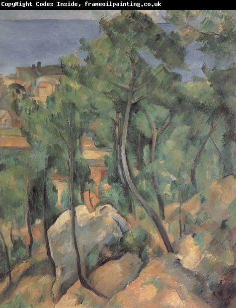 Paul Cezanne Boulders,Pine trees and sea at l-estaque