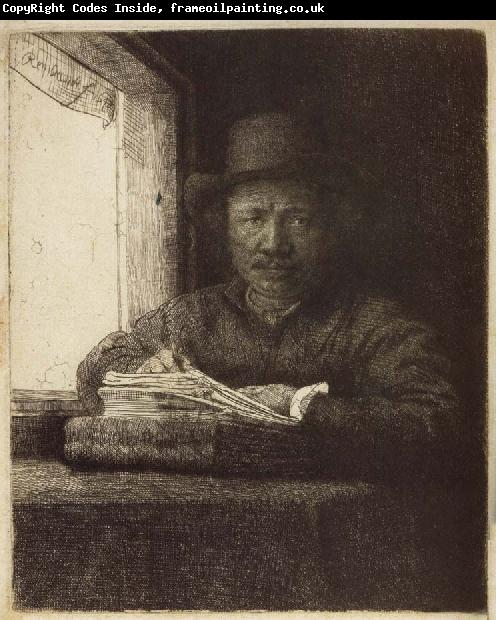 REMBRANDT Harmenszoon van Rijn Self-Portrait,Etching at a Window