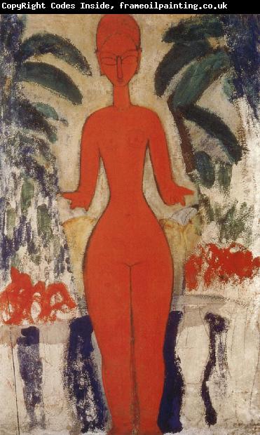 Amedeo Modigliani Standing nud with Garden Background