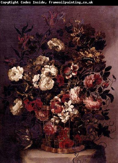 CORTE, Gabriel de la. Still-Life of Flowers in a Woven Basket