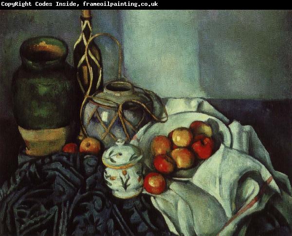 Paul Cezanne stilleben med krukor och frukt