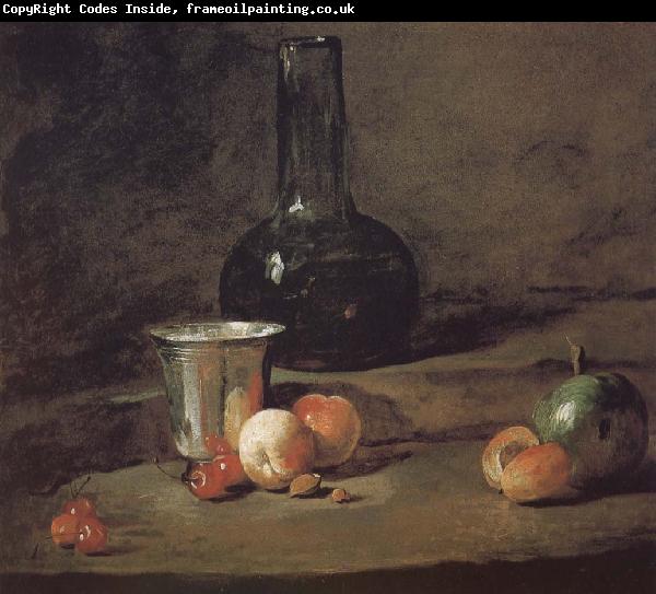 Jean Baptiste Simeon Chardin Wine glass bottles fitted five silver Cherry wine a two peach apricot, and a green apple