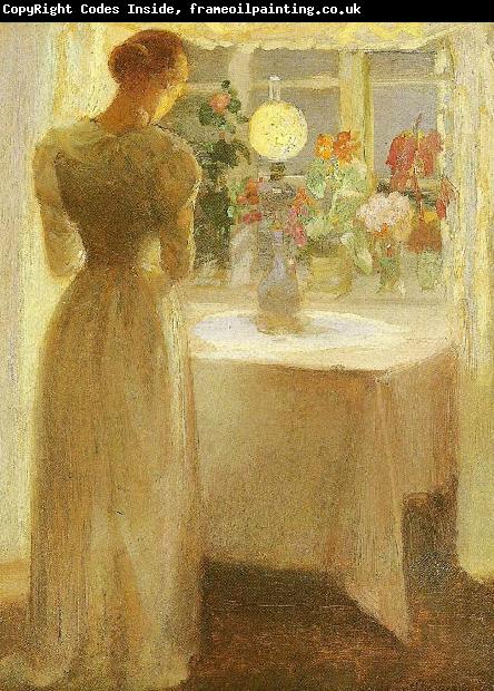 Anna Ancher ung pige foran en tandt lampe