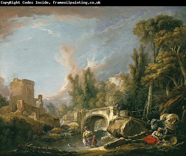 Francois Boucher River Landscape with Ruin and Bridge