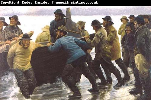 Michael Ancher Fishermen setting a rowing boat ashore