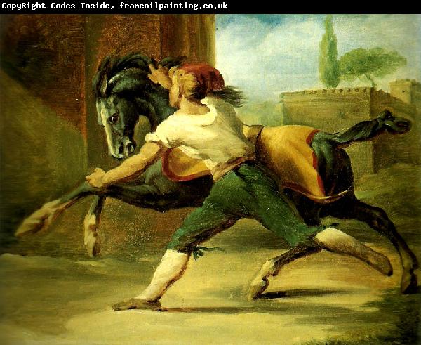 Theodore   Gericault palefrenier retenant un cheval