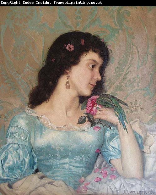 Weerts Jean Joseph Beautiful pensive portrait of a young woman with a bird and flower