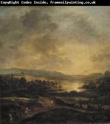 Aert van der Neer Hilly landscape at sunset