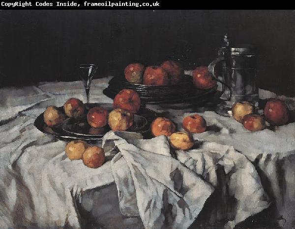 Carl Schuch Still Life with Apples, Wine-Glass and Pewter Jug