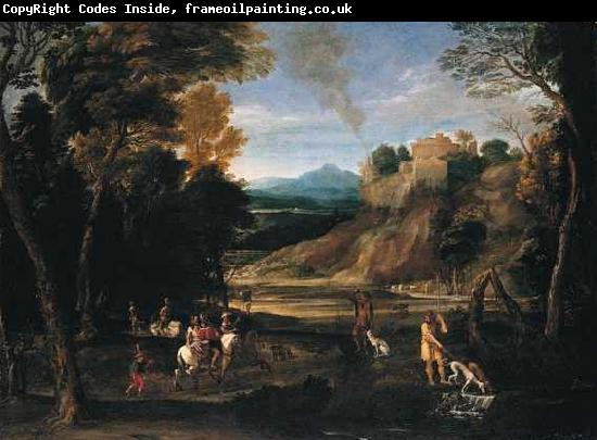 Gian  Battista Viola Landscape with a Hunting Party