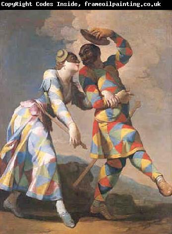 Giovanni Domenico Ferretti Gemalde des italienischen Malers Giovanni Domenico Ferretti. Motiv Arlecchino Harlekin und Colombina