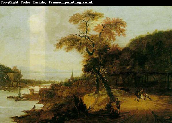 Jacob van der Does Landscape along a river with horsemen, possibly the Rhine.