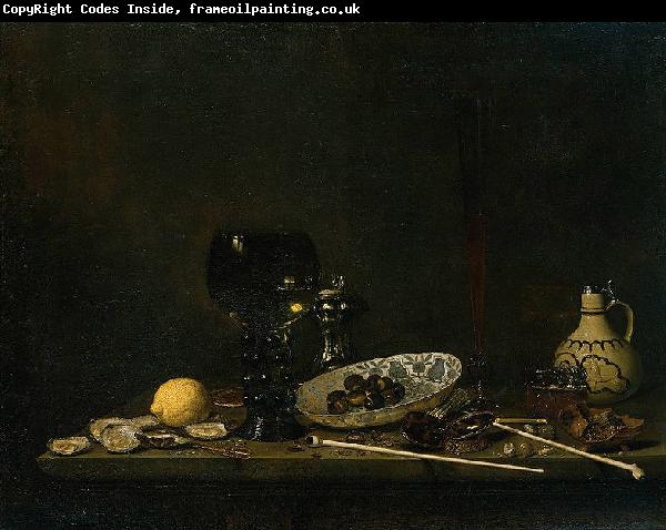 Jan van de Velde Still life with wineglass, flute glass, earthenware jug and pipes