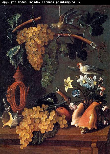 Juan de Espinosa Still-Life with Grapes, Flowers and Shells