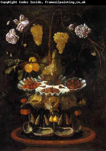 Juan de Espinosa A fountain of grape vines, roses and apples in a conch shell