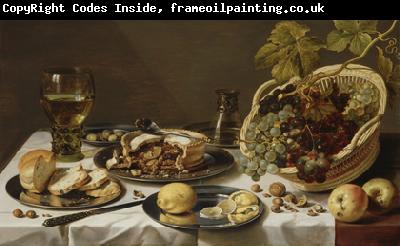 Pieter Claesz Tabletop Still Life with Mince Pie and Basket of Grapes