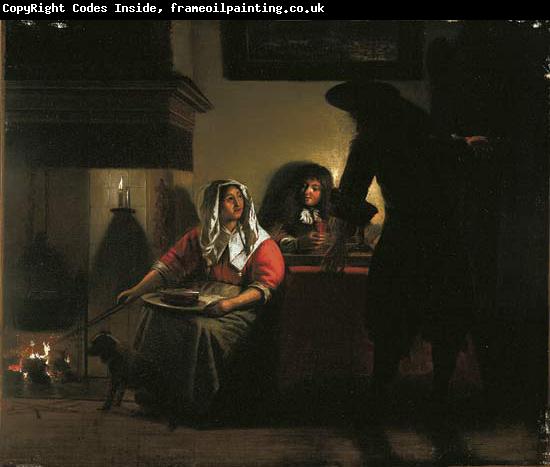 Pieter de Hooch Interior with Two Gentleman and a Woman Beside a Fire