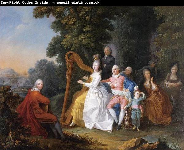 unknow artist An elegant party in the countryside with a lady playing the harp and a gentleman playing the guitar