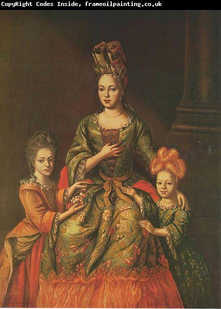 unknow artist Anastasia Naryshkina, wearing fontange, with her daughters Alexandra and Tatyana