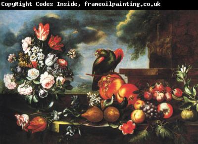 unknow artist Flowers, Fruit and a parrot