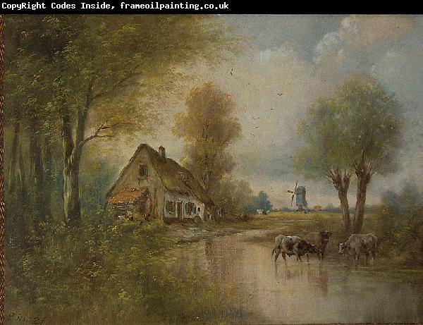 unknow artist Landscape with cows, small farm and windmill