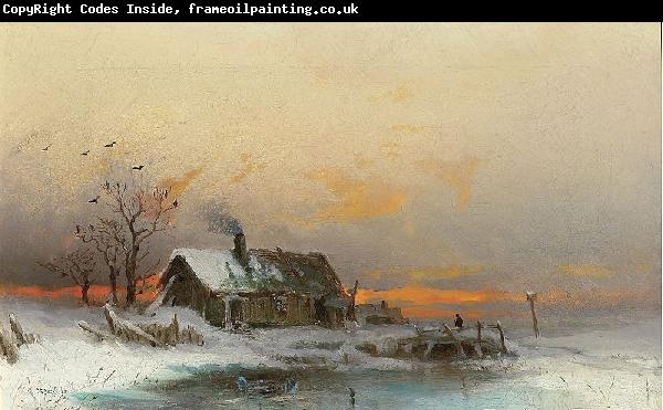 unknow artist Winter picture with cabin at a river