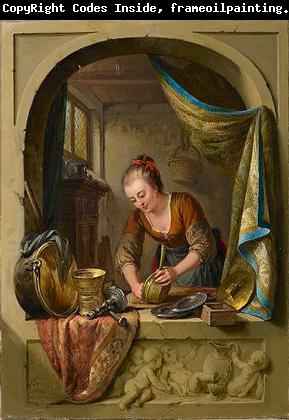 unknow artist A young woman cleaning pans at a draped stone arch.