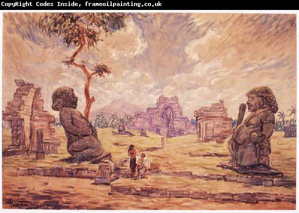 unknow artist Oil painting. Temple ruins in Candi Sewu