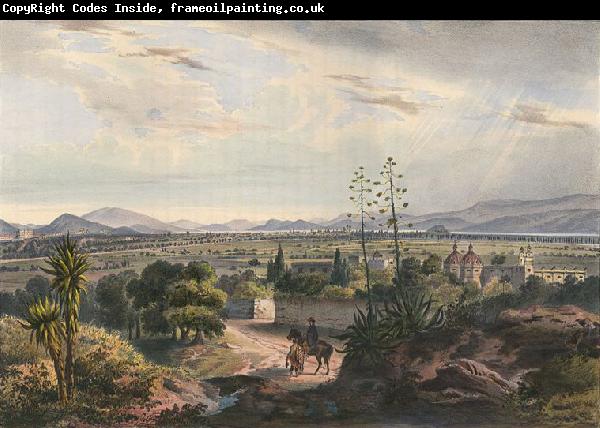 unknow artist Mexico, visto desde el Arsobisbado de Tacubaya. Mexico City seen from Tacubaya. Hand-colored lithograph highlighted with gum arabic