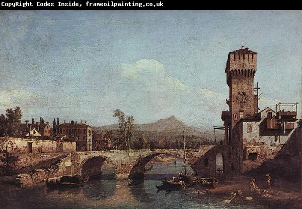 Bernardo Bellotto Capriccio Veneto, Flub, Brucke und mittelalterliches Stadttor