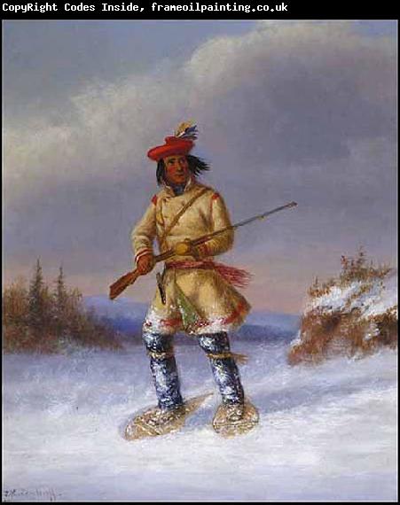 Cornelius Krieghoff Indian Trapper with Red Feathered Cap in Winter