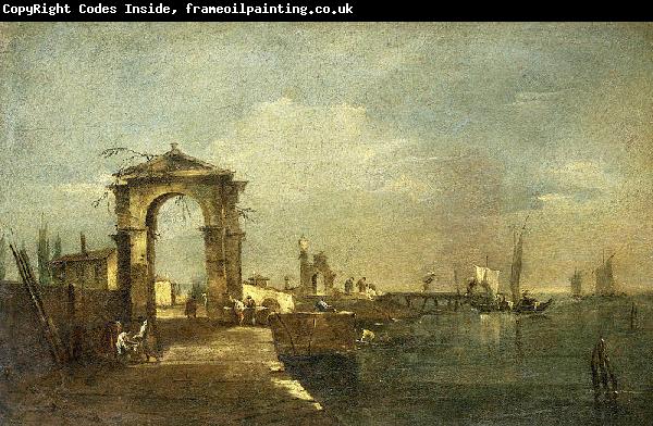 Francesco Guardi Landschap met een kade en schepen op een meer