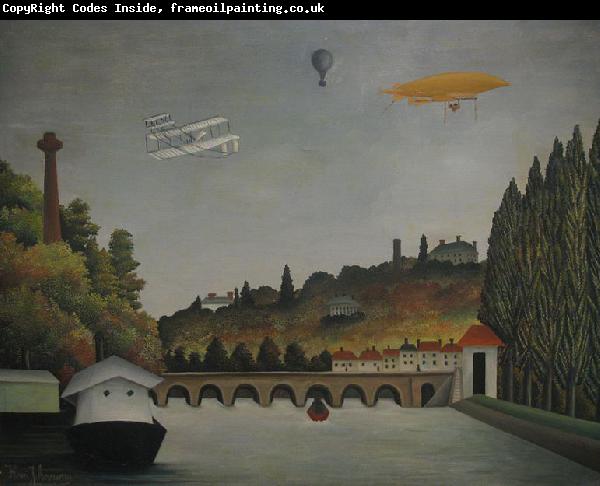 Henri Rousseau View of the Pont Sevres and the Hills of Clamart, Saint-Cloud, and Bellevue with Biplane, Ballon and Dirigible By Henri Rousseau