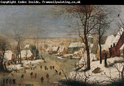 Pieter Brueghel the Younger Winter landscape with ice skaters and a bird trap.