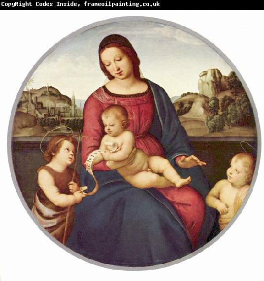 RAFFAELLO Sanzio Madonna Terranuova, Szene: Maria mit Christuskind und zwei Heiligen, Tondo