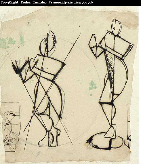 Theo van Doesburg Two sketches of Krishna playing a flute, seen from the front.