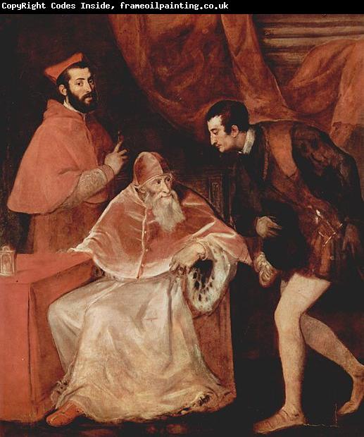 Titian Portrat des Papstes Paulus III mit Kardinal Alessandro Farnese und Herzog Ottavio Farnese.