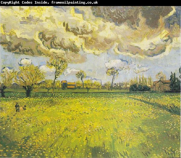 Vincent Van Gogh Meadow with flowers under a stormy sky