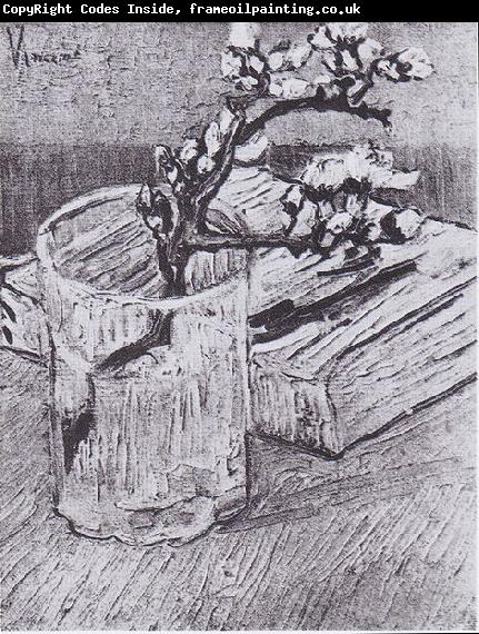 Vincent Van Gogh Flowering almond tree branch in a glass and book