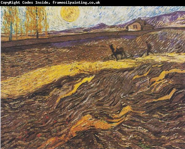 Vincent Van Gogh Field with plowing farmers