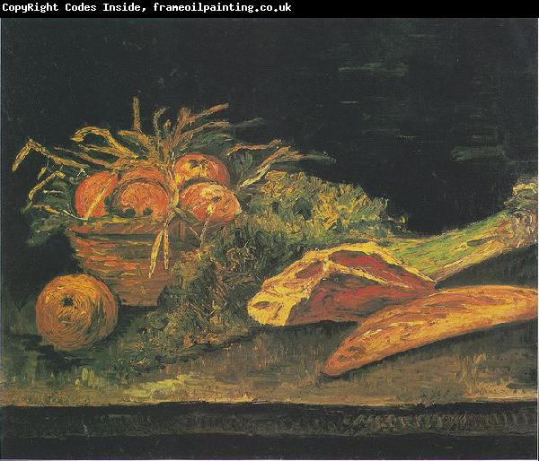 Vincent Van Gogh Still life with apple basket, meat and bread rolls