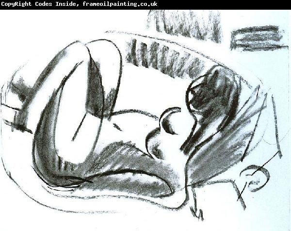 Ernst Ludwig Kirchner Reclining nude in a bathtub with pulled on legs - black chalk