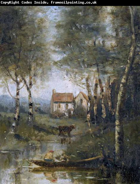 Jean-Baptiste-Camille Corot La riviere en bateau et la maison